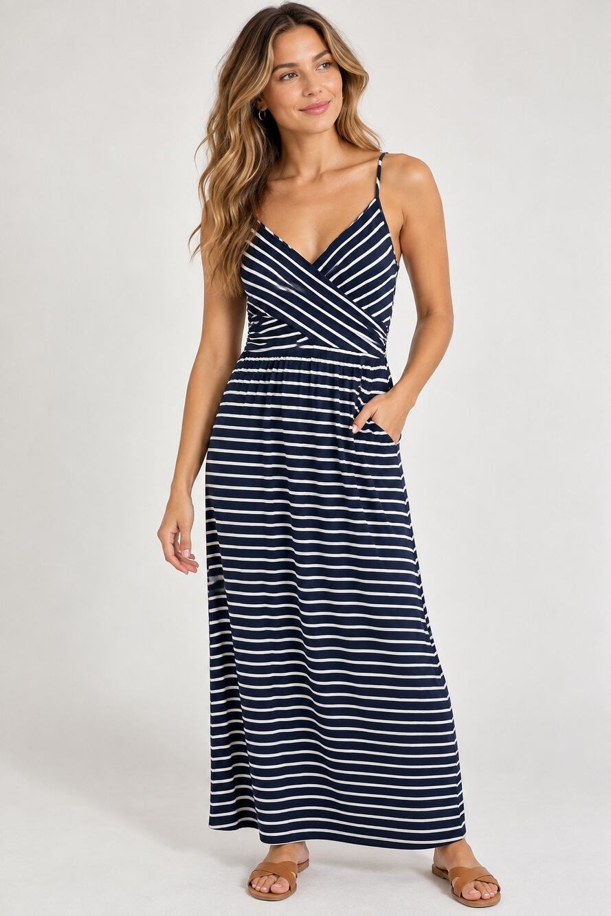 Boden Maxi Dress US 10R Navy White Stripe Ruched Sleeveless V Neck
